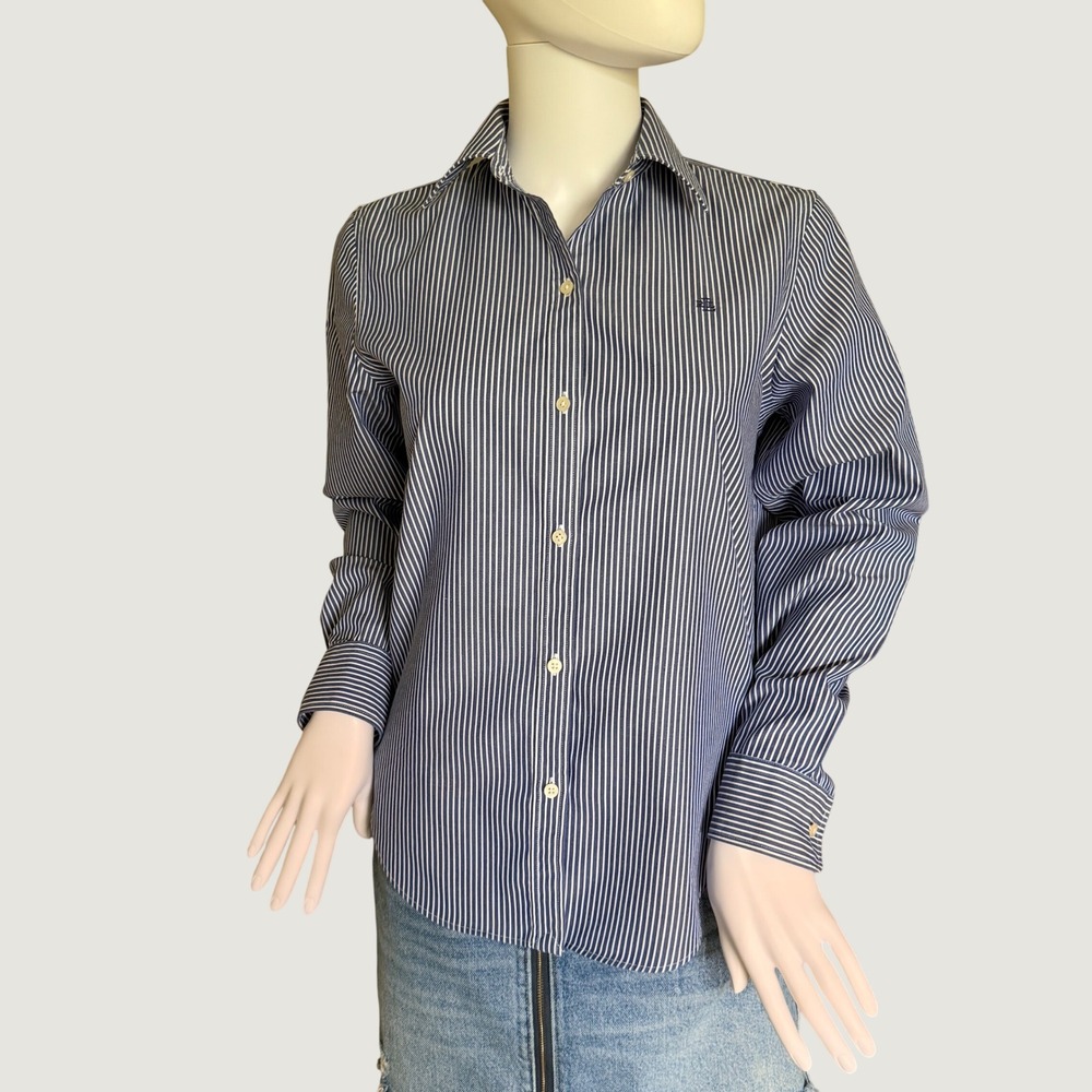 Lauren Ralph Lauren Womens Blue White Striped Non-Iron Button Down Shirt XS